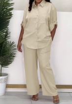 Women's Fashion Casual Turndown Collar with Patch Pockets Shirt and Pants Two-Piece Set