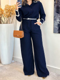 Women's Fashion Patchwork Turndown Collar Long Sleeve Two-Piece Pants Set