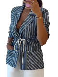 Women's Stripe Print Long Sleeve Slim Waist Lace-Up Blazer