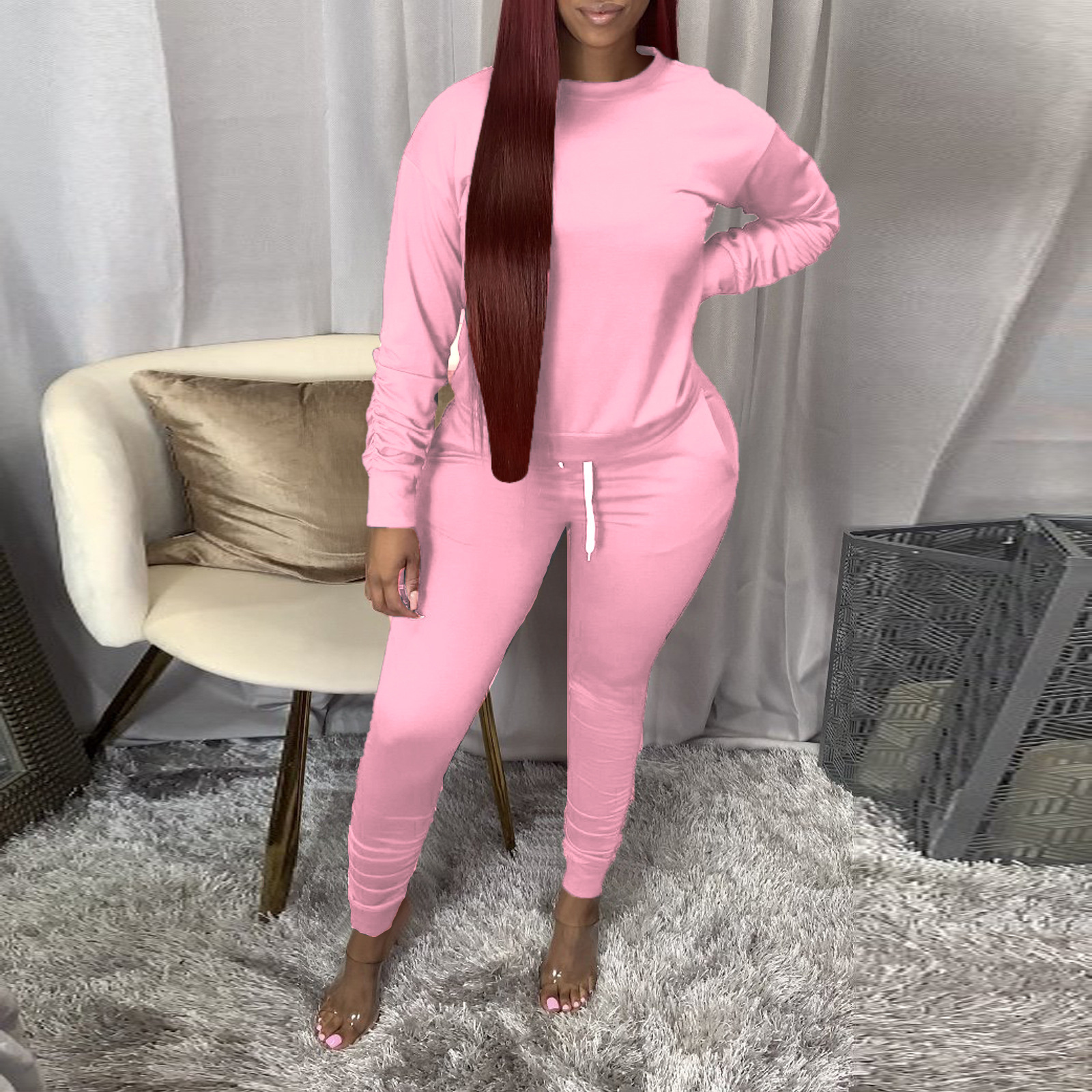 Women's Spring Autumn Fashion Solid Color Round Neck Sport Casual Two-Piece Pants Set