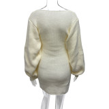 Women's Autumn Winter Fashion Sexy V-Neck Solid Color Long Sleeve Knitting Dress