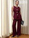 Women's Fashion Gold Button Vest and Pants Two-Piece Casual Suit