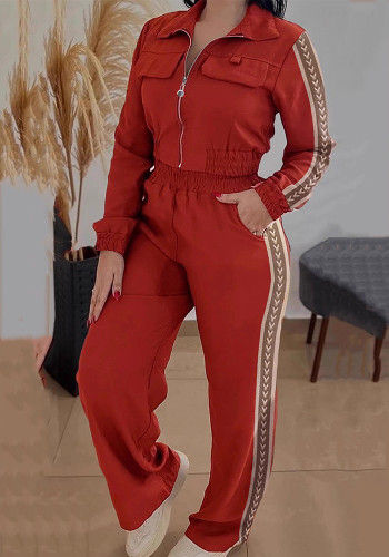 Women's Autumn Winter Fashion Zip-Up Jacket Top Patchwork Webbing Two-Piece Pants Set