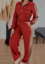 Women's Autumn Winter Fashion Zip-Up Jacket Top Patchwork Webbing Two-Piece Pants Set Women's Autumn Winter Fashion Zip-Up Jacket Top Patchwork Webbing Two-Piece Pants Set