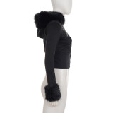 Women's Autumn Winter Casual Fuzzy Long Sleeve Letter Beaded Zip-Up Hoodies Joggers Two-Piece Pants Set