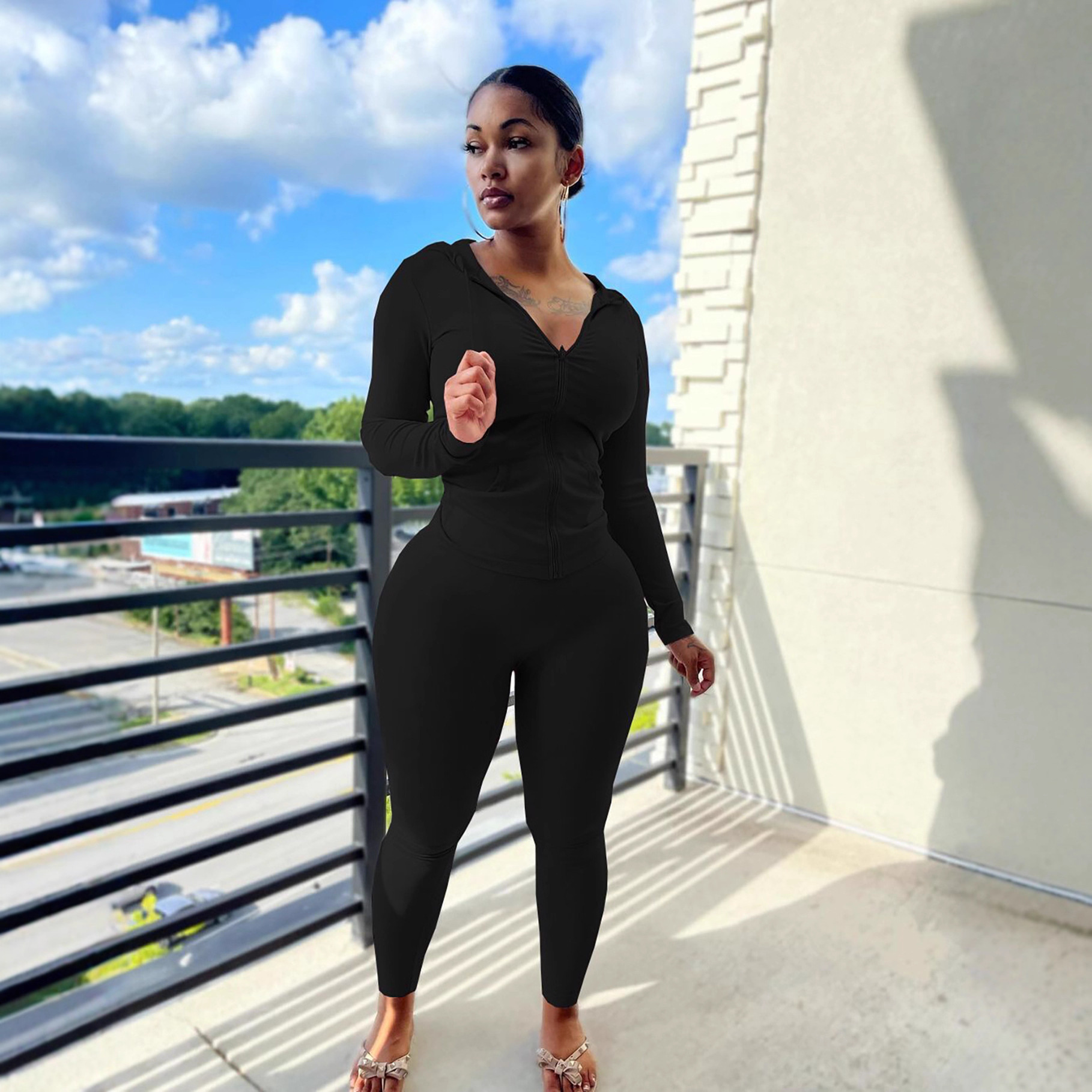 Women's Fashion High Stretch Hooded Sport Casual Two-Piece Pants Set