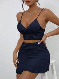 Women's Summer Solid Color Sexy Low Back Strap Two Piece Skirt Set