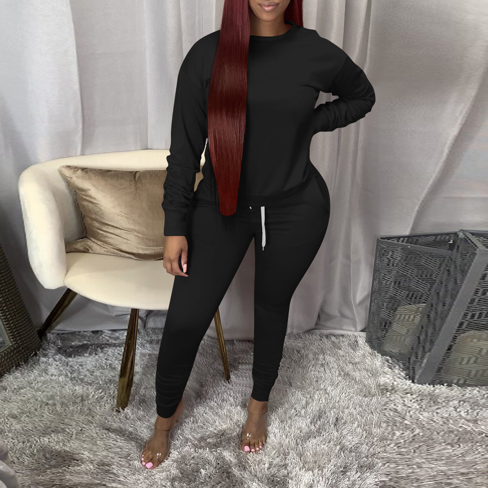 Women's Spring Autumn Fashion Solid Color Round Neck Sport Casual Two-Piece Pants Set