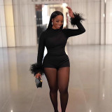 Women's Sexy Round Neck Low Back Long Sleeve Plush Solid Color Tight Fitting Short Jumpsuit