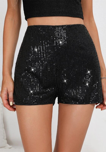 Women's Fashion Glitter Sequin Slim Fit Solid Color Black Sexy Straight Leg Shorts