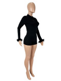 Women's Sexy Round Neck Low Back Long Sleeve Plush Solid Color Tight Fitting Short Jumpsuit