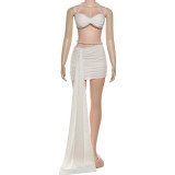 Women Autumn Sexy Solid Backless Halter Neck Camisole Top and Skirt Two-Piece Set