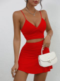Women's Summer Solid Color Sexy Low Back Strap Two Piece Skirt Set
