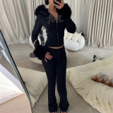 Women's Autumn Winter Casual Fuzzy Long Sleeve Letter Beaded Zip-Up Hoodies Joggers Two-Piece Pants Set