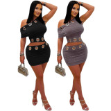 Women's Fashion Tight Fitting Sexy Velvet Slash Shoulder Top Bodycon Mini Skirt Two-Piece Set
