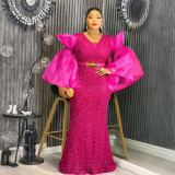 Women's African Plus Size Sequins High Waist Christmas Party Dress