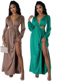 Women's Deep V Solid Color Long Sleeve Sexy Open Waist Lace-Up Slit Long Dress