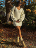 Women's Autumn Winter Fashion Sexy V-Neck Solid Color Long Sleeve Knitting Dress