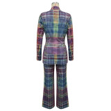 Women's Autumn Winter Career Fashion Plaid Print Long Sleeve Slim Fit Blazer Trousers Suits