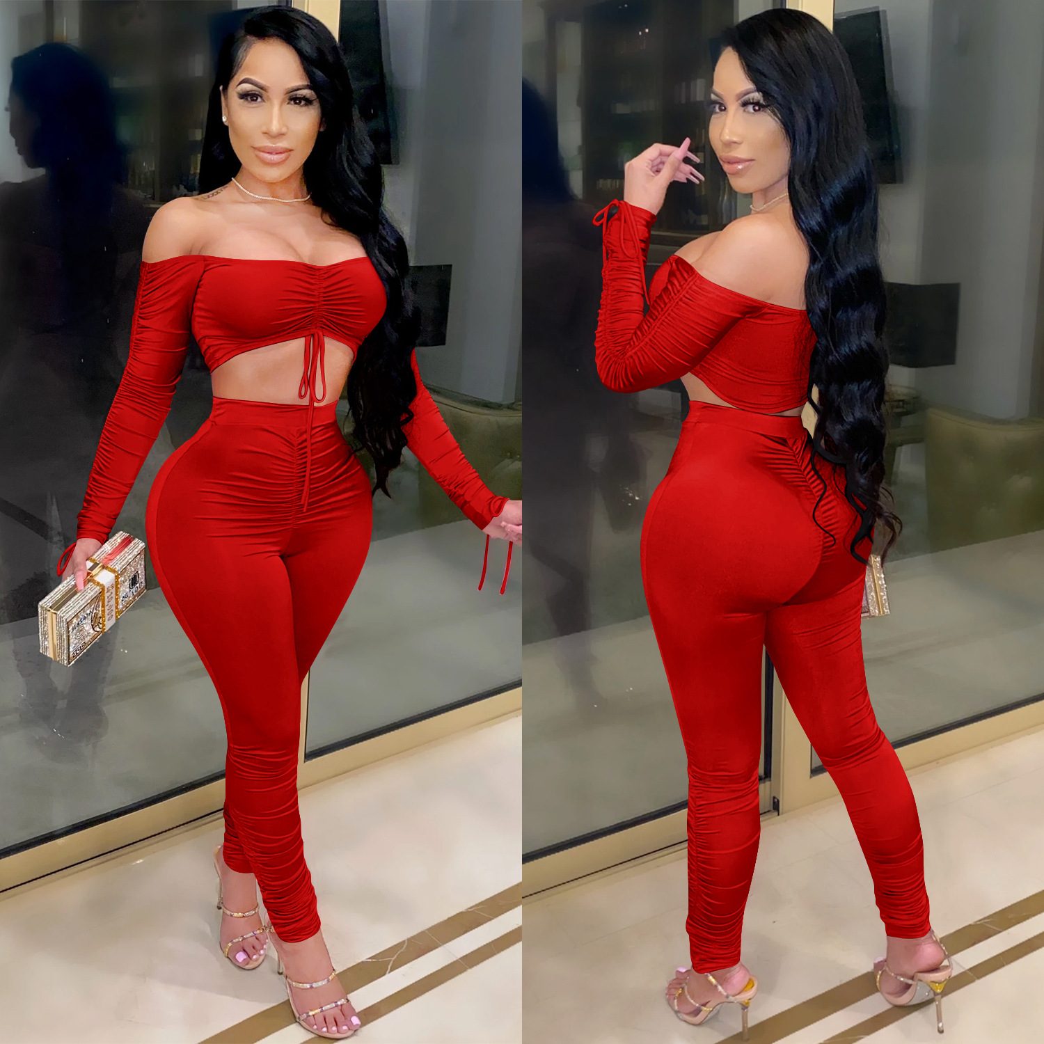 Women Grunge Sleeve Tie-up Top and Pant Two-piece Set