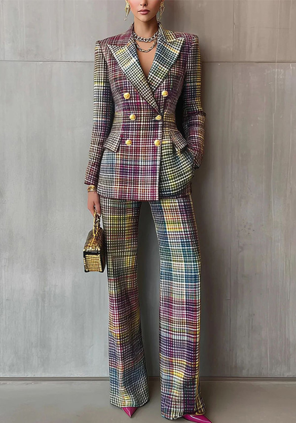Women's Autumn Winter Career Fashion Plaid Print Long Sleeve Slim Fit Blazer Trousers Suits