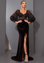 Women's Black See Through Lace Patchwork Long Sleeve Slit Evening Gown