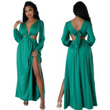 Women's Deep V Solid Color Long Sleeve Sexy Open Waist Lace-Up Slit Long Dress