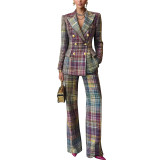 Women's Autumn Winter Career Fashion Plaid Print Long Sleeve Slim Fit Blazer Trousers Suits