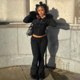 Women's Autumn Winter Casual Fuzzy Long Sleeve Letter Beaded Zip-Up Hoodies Joggers Two-Piece Pants Set