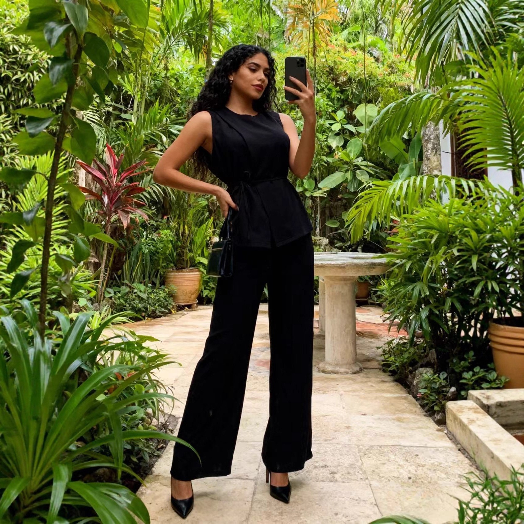 Women's Multi-Color Sleeveless Slim Waist Vest and Wide Leg Pants Chic Career Linen Suit