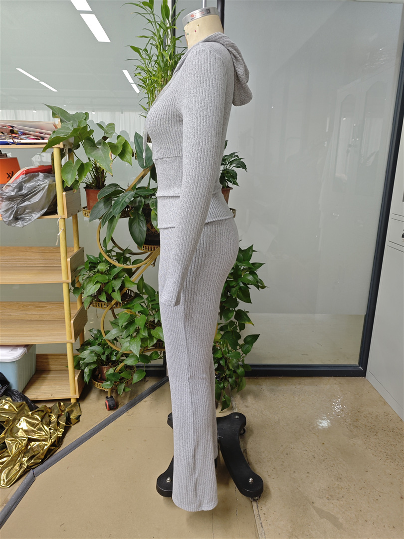 Women's Fashion Solid Color Knit Ribbed Zip-Up Hooded Top Tight Fitting Pants Casual Two-Piece Set