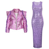 Women's African Fashion Sequin Sleeveless Dress Blazer Set