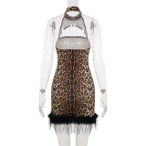 Women's Sexy Cut-Out Halter Neck Fuzzy Patchwork Leopard Print Nightclub Style Sleeveless Slim Bodycon Dress