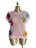 Women's Summer Fashion Floral Crochet Short Sleeve Loose Knit Pullover Top