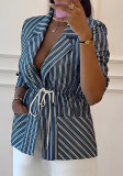 Women's Stripe Print Long Sleeve Slim Waist Lace-Up Blazer