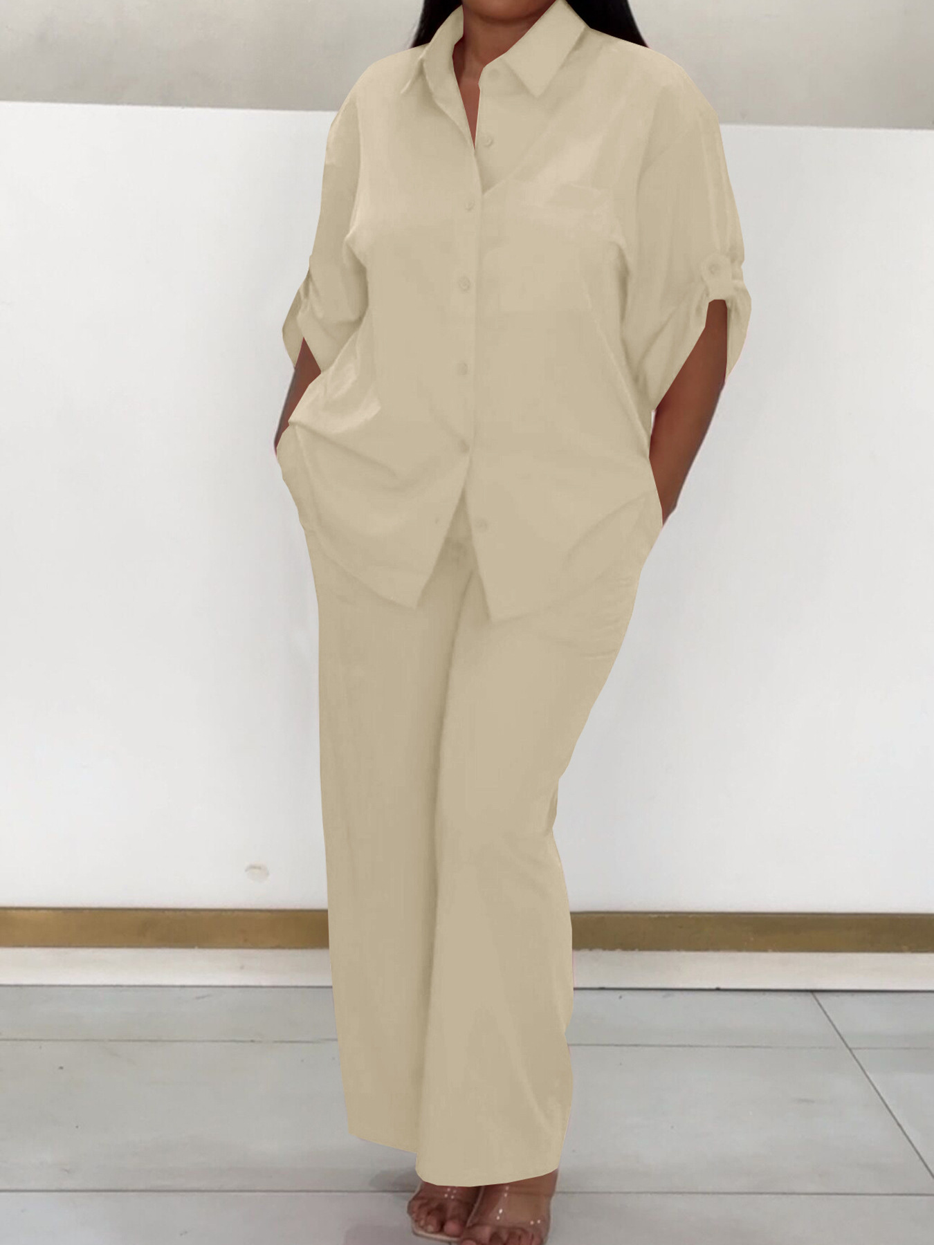 Women's Fashion Casual Turndown Collar with Patch Pockets Shirt and Pants Two-Piece Set