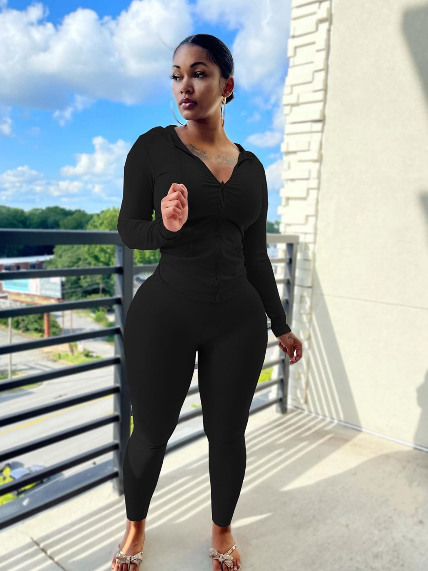 Women's Fashion High Stretch Hooded Sport Casual Two-Piece Pants Set