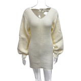 Women's Autumn Winter Fashion Sexy V-Neck Solid Color Long Sleeve Knitting Dress
