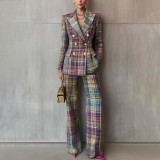 Women's Autumn Winter Career Fashion Plaid Print Long Sleeve Slim Fit Blazer Trousers Suits