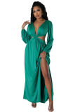 Women's Deep V Solid Color Long Sleeve Sexy Open Waist Lace-Up Slit Long Dress