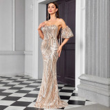 Women's Strapless Chic Glitter Stripe sequin Color Block Evening Dress
