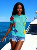 Women's Summer Fashion Floral Crochet Short Sleeve Loose Knit Pullover Top