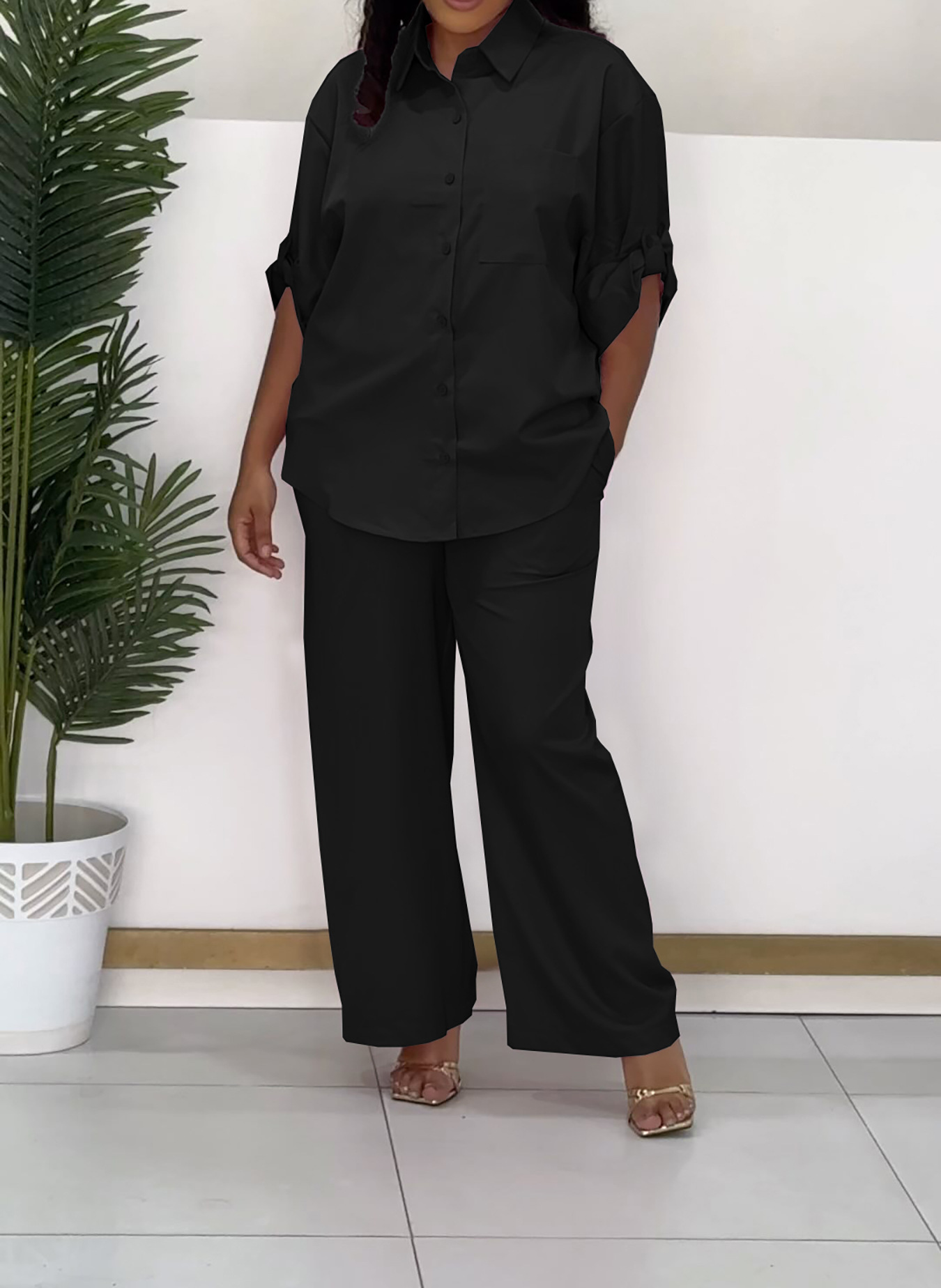 Women's Fashion Casual Turndown Collar with Patch Pockets Shirt and Pants Two-Piece Set