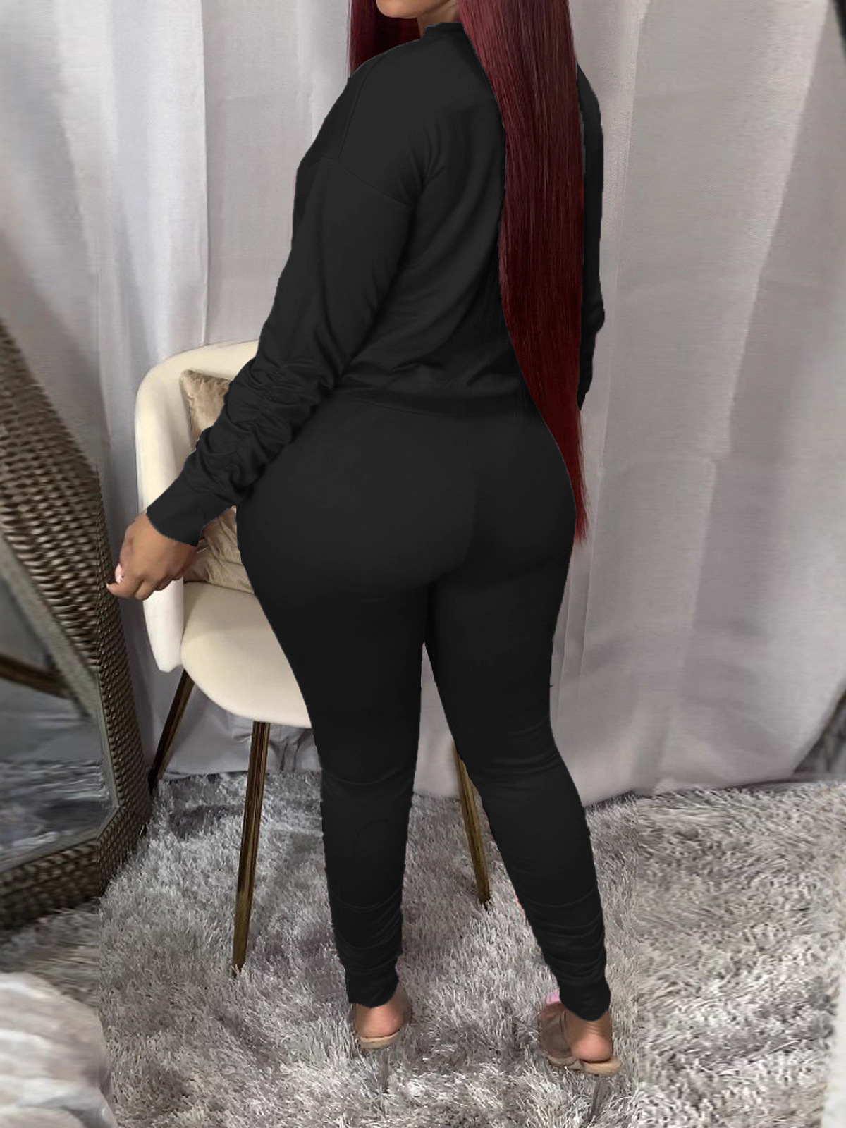 Women's Spring Autumn Fashion Solid Color Round Neck Sport Casual Two-Piece Pants Set