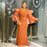 Women's African Plus Size Sequins High Waist Christmas Party Dress