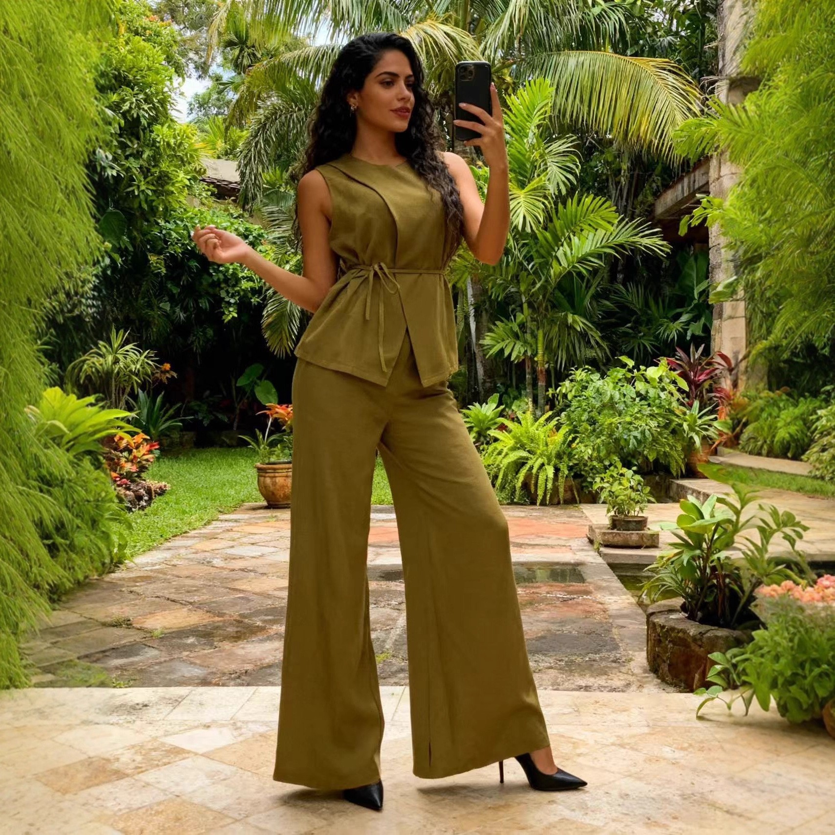 Women's Multi-Color Sleeveless Slim Waist Vest and Wide Leg Pants Chic Career Linen Suit