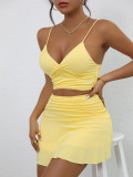 Women's Summer Solid Color Sexy Low Back Strap Two Piece Skirt Set