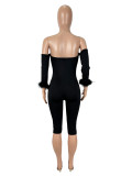 Women's Sexy Strapless Low Back Long Sleeve Plush Solid Color Tight Fitting Short Jumpsuit