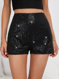 Women's Fashion Glitter Sequin Slim Fit Solid Color Black Sexy Straight Leg Shorts