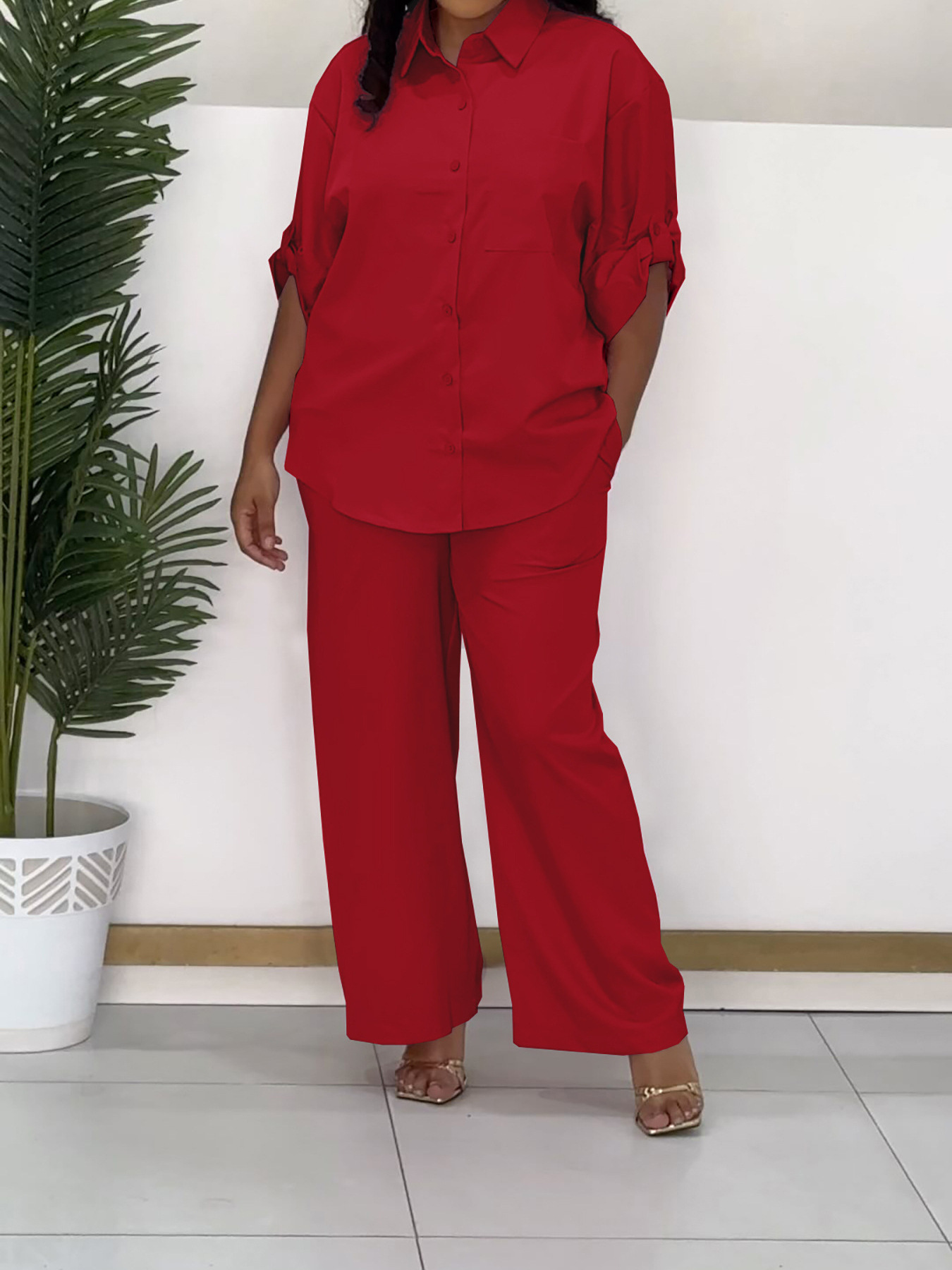 Women's Fashion Casual Turndown Collar with Patch Pockets Shirt and Pants Two-Piece Set